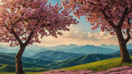 Cherry blossoms in full bloom on the background of the mountains
