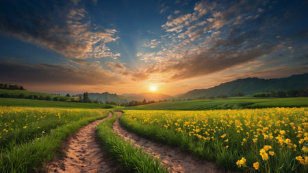 Sunset over a meadow with yellow flowers and a dirt road