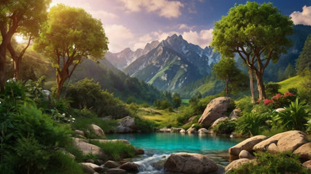 Beautiful landscape with mountain river and green trees in the foreground.の写真素材