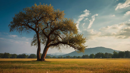 Old tree in the field with blue sky and white clouds background.