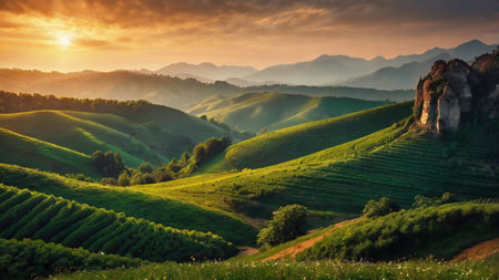 Beautiful sunrise over the terraced fields in the mountains.