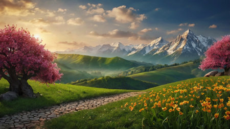 Beautiful spring landscape with blooming flowers and mountains in the ...