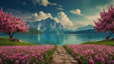 Panoramic view of beautiful alpine lake with blooming flowersの写真素材