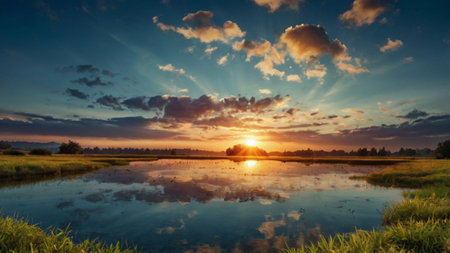 Beautiful sunset over the river and clouds reflected in the water.の写真素材