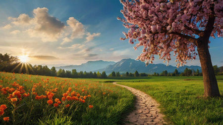 Beautiful spring landscape with blooming tree and mountains in background.