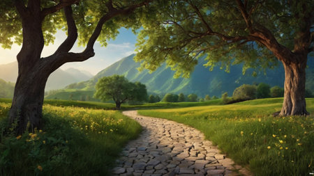 Beautiful summer landscape in the mountains with a path and oak trees