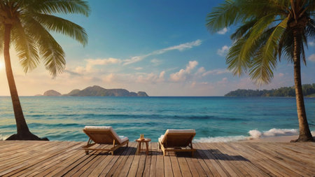 Beach chairs on wooden terrace with sea and sky background.