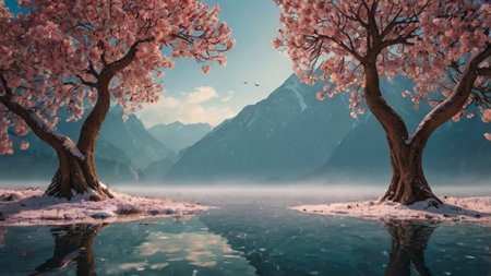Cherry blossom on lake shore with mountains in the background.の写真素材