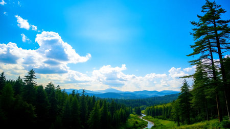 Mountain landscape with blue sky and white clouds. Carpathians, Ukraineの写真素材