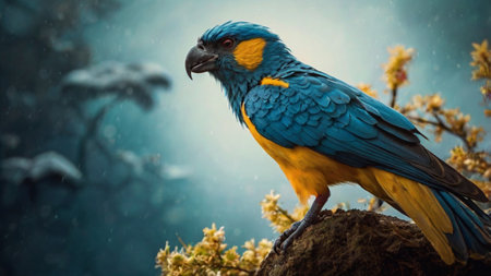 Blue-and-yellow macaw sitting on a branchの写真素材