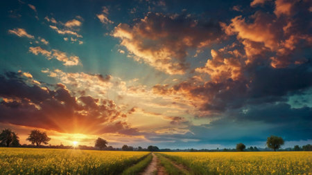 Sunset over a rapeseed field with dramatic clouds in the skyの写真素材