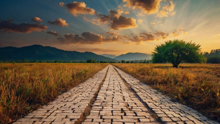 Paddy field at sunset in the countryside of Thailand. Panorama