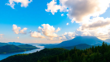 Mountain landscape with lake and forest at sunset. Beautiful natural background.の写真素材