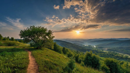 Sunset in the mountains. Beautiful summer landscape. Panorama.