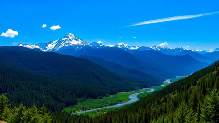 Panoramic view of the mountains and the river in the valley