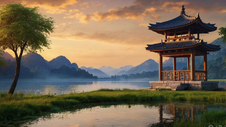 Chinese pavilion on the lake with mountain background in the morning.