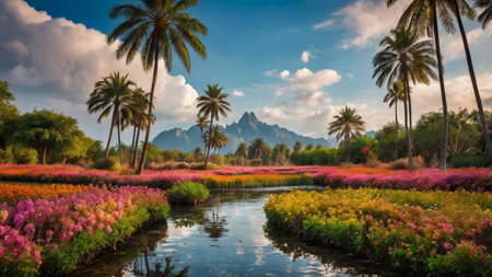 Colorful flower field with coconut palm tree and mountain in the background