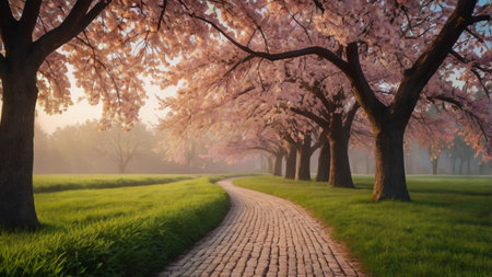 Cherry blossoms blooming in a park in springtime.の写真素材