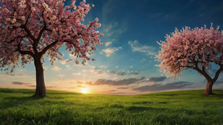 Beautiful spring landscape with blooming tree and sunset. 3d rendering