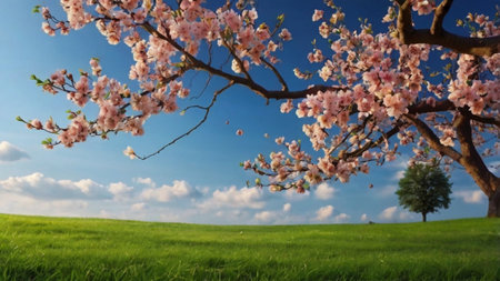 Blossoming tree on a background of green grass and blue skyの写真素材