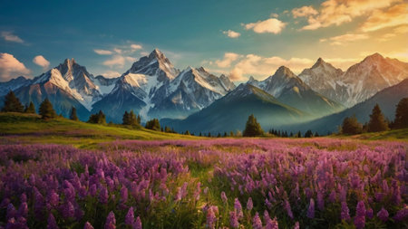 Beautiful alpine meadow with lupine flowers and snow-capped mountains in background at sunset.の写真素材