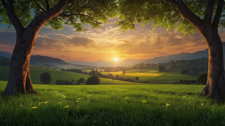 Sunset over a green meadow with trees and mountains in the backgroundの写真素材