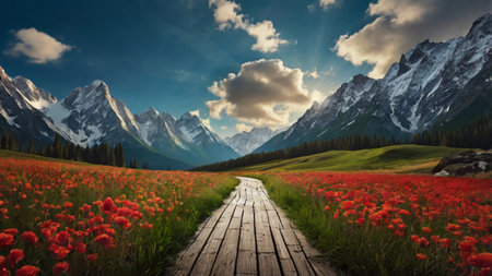 Wooden path in the meadow of red poppies against the background of mountains