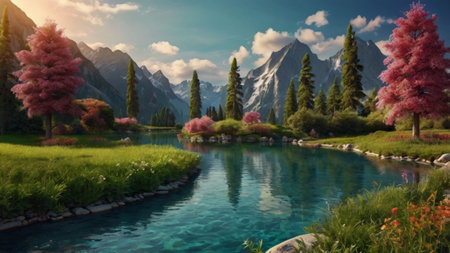 Beautiful spring landscape with lake and mountains. Panoramic viewの写真素材