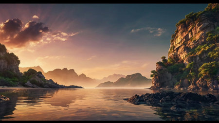 Beautiful sunset over the sea with mountains in the background. Panoramaの写真素材