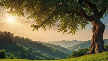 Beautiful landscape with big tree on green meadow in mountains.