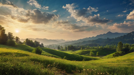 Beautiful summer landscape with green meadow and mountains at sunset.の写真素材