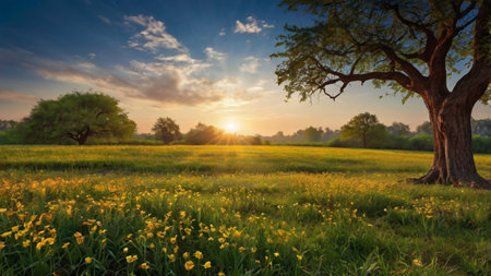Sunset in the meadow with tree and yellow flowers. Landscapeの写真素材