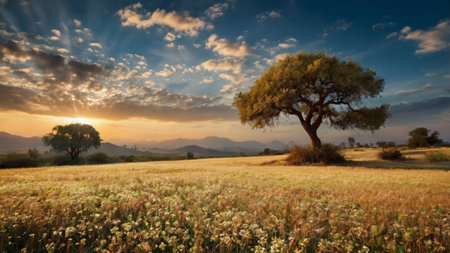 Sunset over the meadow in Alentejo, Portugal.の写真素材