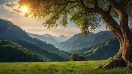 Beautiful summer landscape in the mountains. Sunrise over the meadow.の写真素材