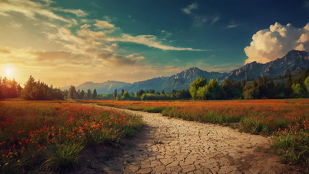 Beautiful spring landscape with red poppies and mountains in the background