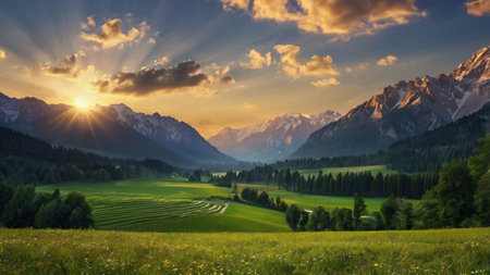 Panoramic view of alpine meadow and mountains at sunsetの写真素材
