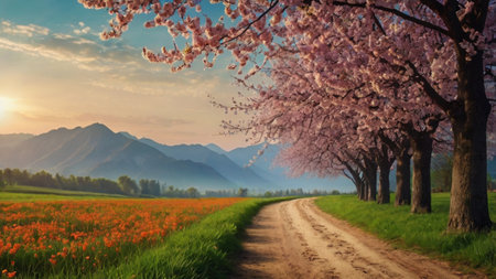 Spring landscape with blooming flowers and road. Beautiful nature background.の写真素材