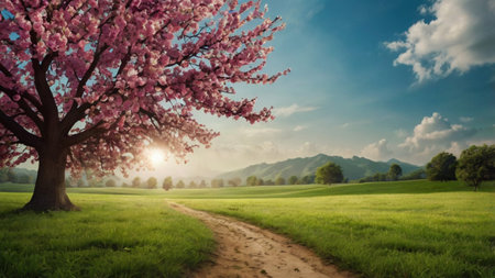 Beautiful spring landscape with blooming tree and meadow at sunset.の写真素材