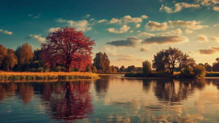 Autumn landscape with willow tree on the bank of the riverの写真素材
