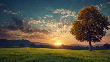 Sunset over a green meadow with a tree in the foregroundの写真素材