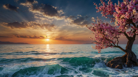 Beautiful sakura tree on the background of the sea and sunsetの写真素材
