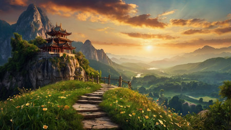 Beautiful panoramic view of chinese temple in the mountains at sunsetの写真素材