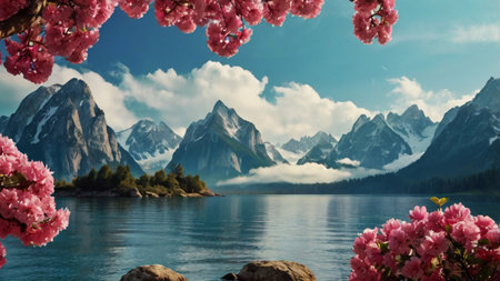 Beautiful spring landscape. Mountain lake with blooming pink flowers.の写真素材