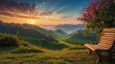 Sunset in the mountains with wooden bench and flowers in the foregroundの写真素材