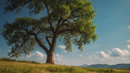 Old tree on the meadow in the sunny day. Summer landscape.