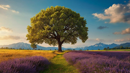 Lavender field with lonely tree and mountains in the background.の写真素材