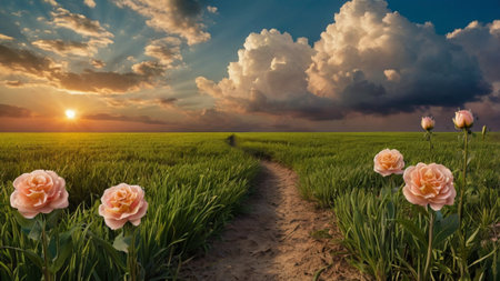 Sunset over a field with pink flowers and green grass.