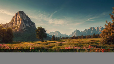 Mountain landscape with meadow, forest and high peaks at sunsetの写真素材