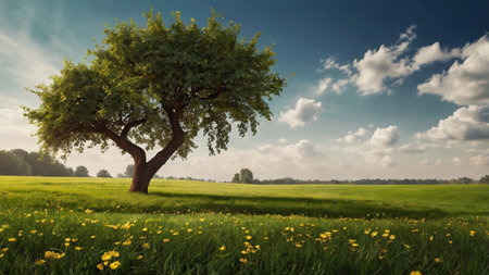 Tree in meadow with yellow flowers and blue sky with white cloudsの写真素材