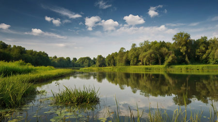 Summer landscape with river and blue sky with clouds. Panorama.